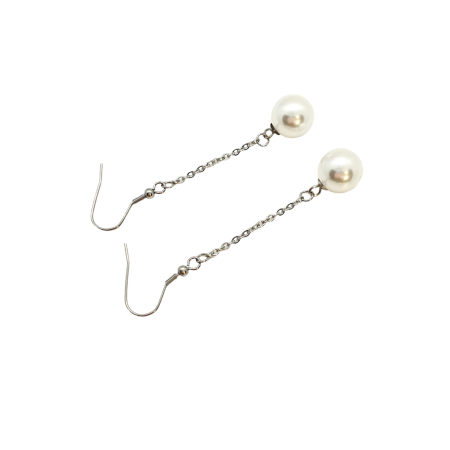 earrings steel silver long with white pearl